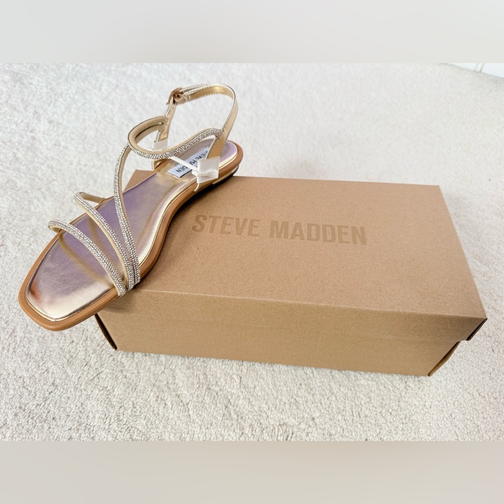 Steve Madden Metallic Gold Crystal Strap Flat Sandals